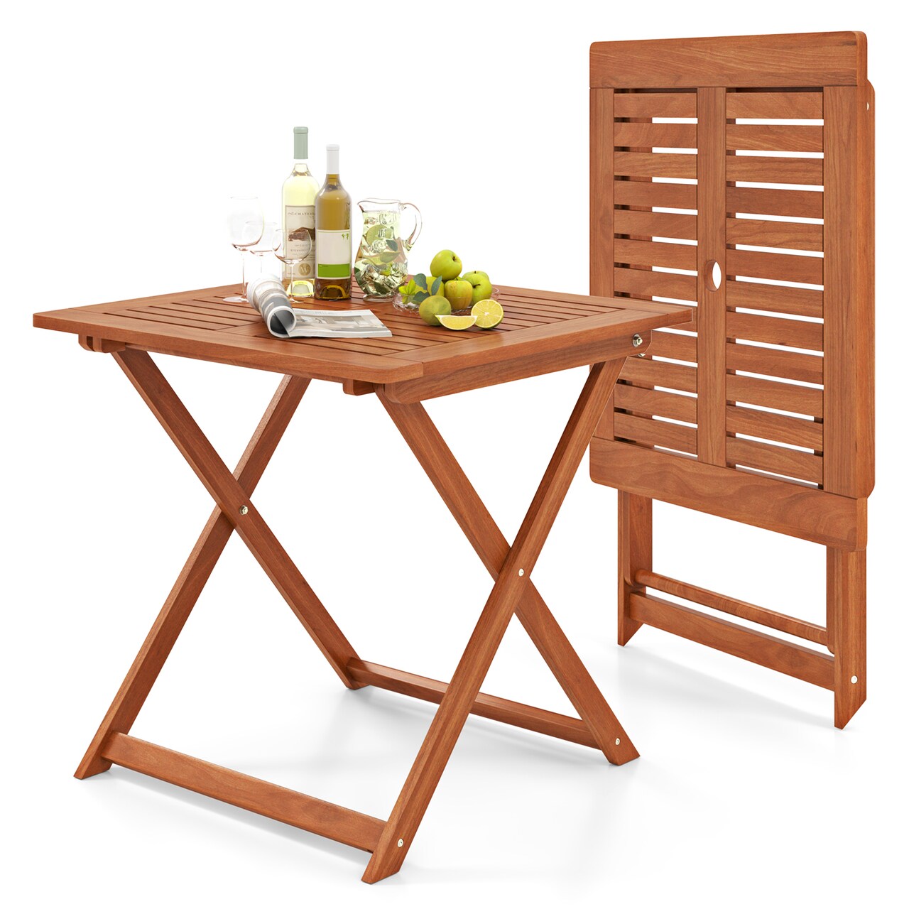 Teak Painted Folding Outdoor Table with Umbrella Hole and Stable X-Frame Design for Patio Use